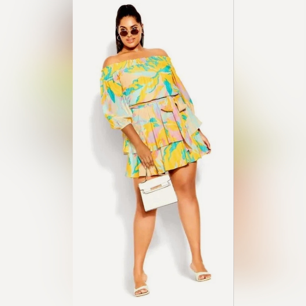 City Chic Pastel Yellow & Aqua Off-Shoulder Mini Dress